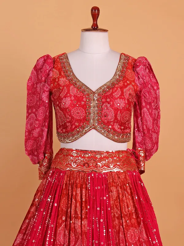 Rani pink printed silk lehenga choli