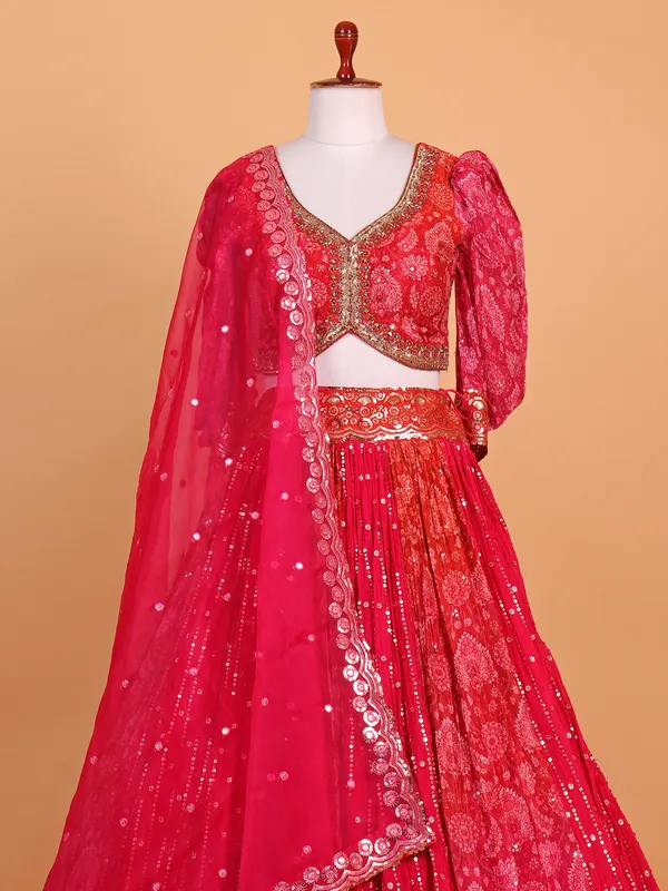 Rani pink printed silk lehenga choli