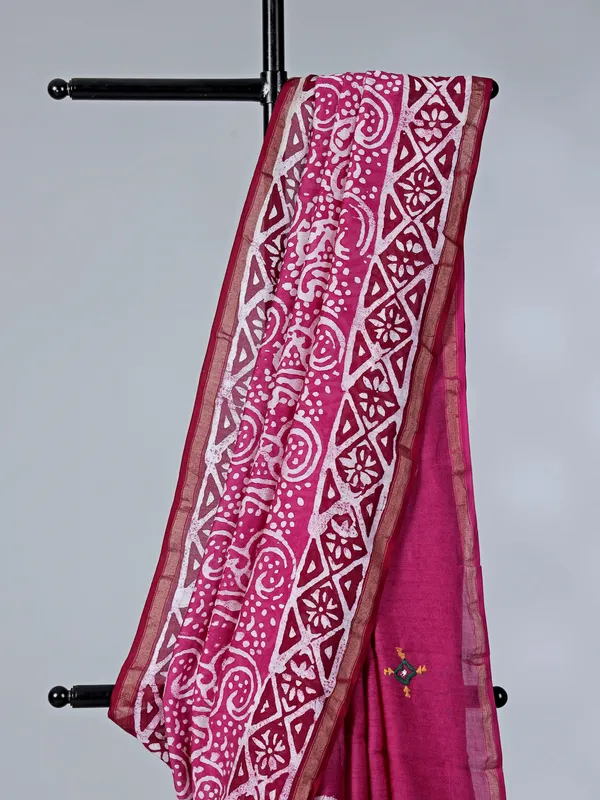 Rani pink printed tusser silk saree for festive
