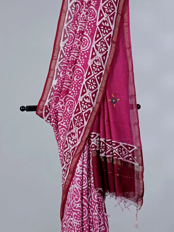 Rani pink printed tusser silk saree for festive