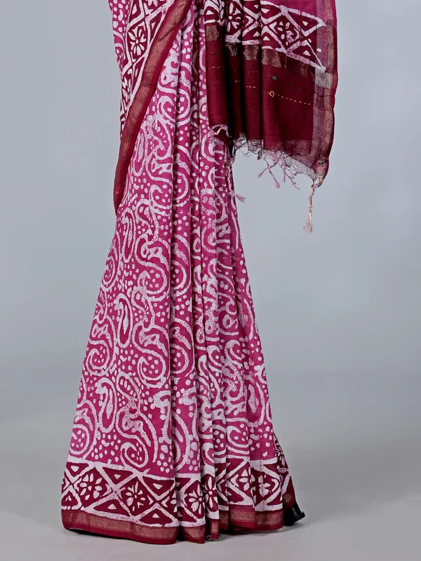 Rani pink printed tusser silk saree for festive