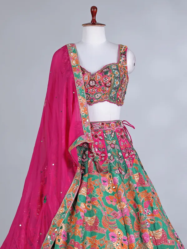Rani pink raw silk lehenga choli with dupatta for women