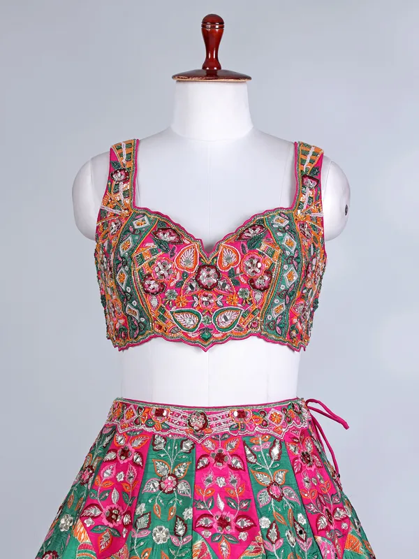 Rani pink raw silk lehenga choli with dupatta for women