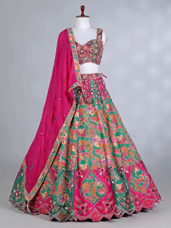 Rani pink raw silk lehenga choli with dupatta for women