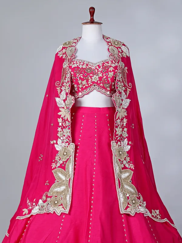 Rani pink raw silk lehenga choli with shrug