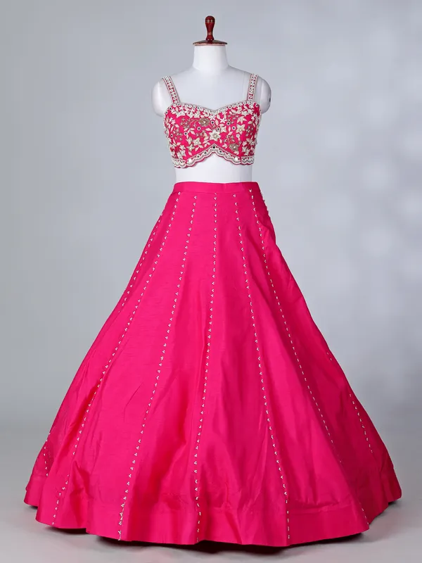 Rani pink raw silk lehenga choli with shrug