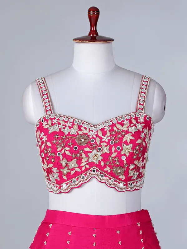 Rani pink raw silk lehenga choli with shrug