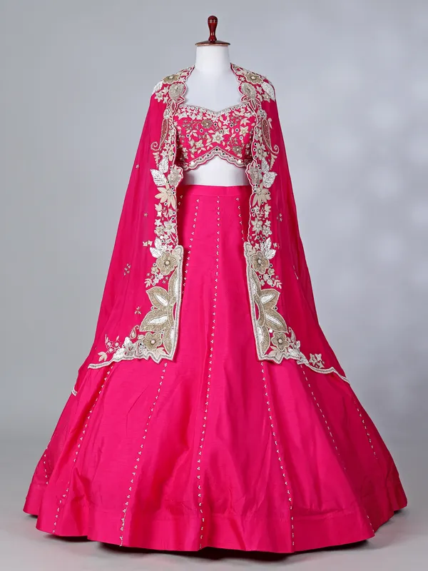 Rani pink raw silk lehenga choli with shrug