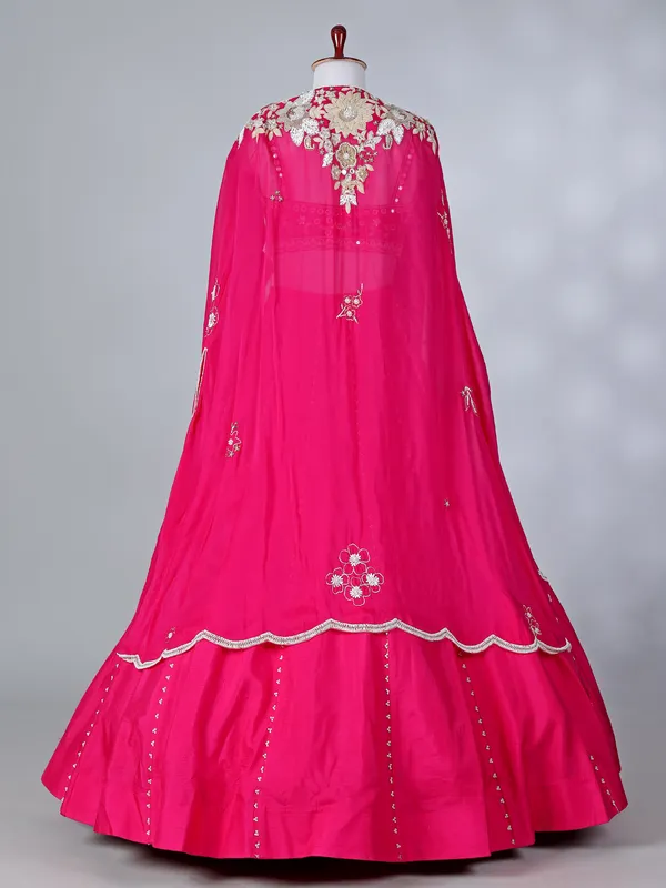 Rani pink raw silk lehenga choli with shrug