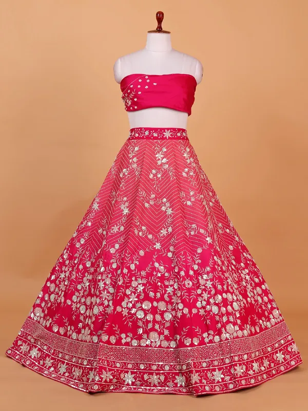 Rani pink raw silk wedding style lehenga choli