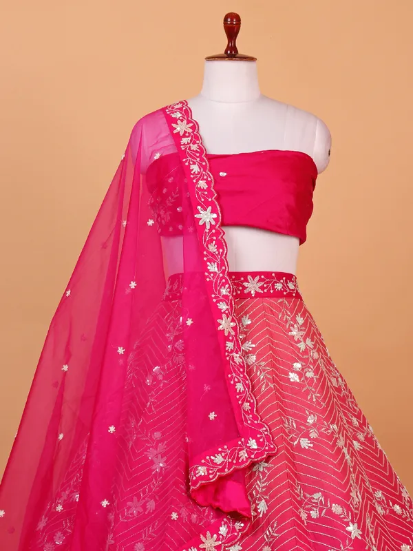 Rani pink raw silk wedding style lehenga choli