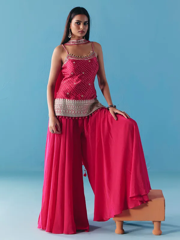 Rani pink satin silk palazzo suit for wedding wear