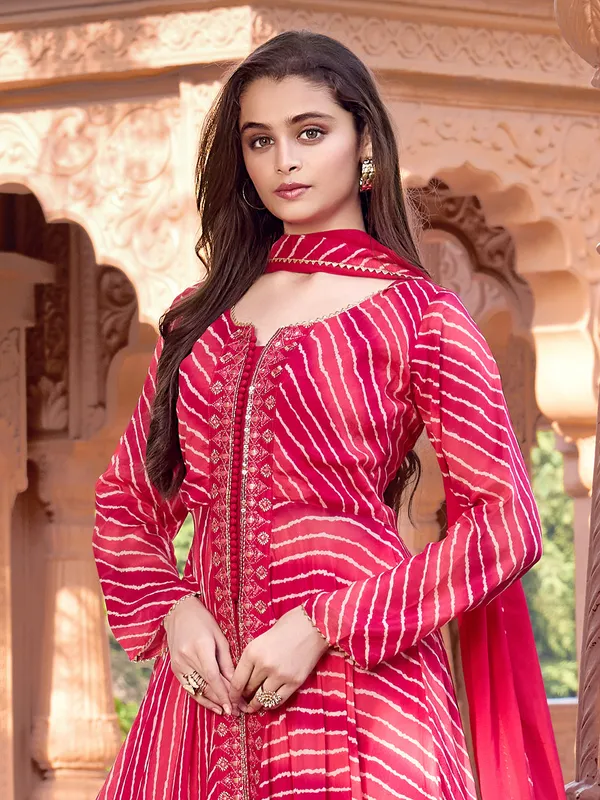 Rani pink silk anarkali palazzo suit with aabla detailing