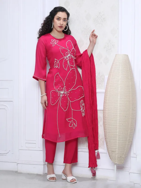 Rani pink silk cutdana embellished kurti set