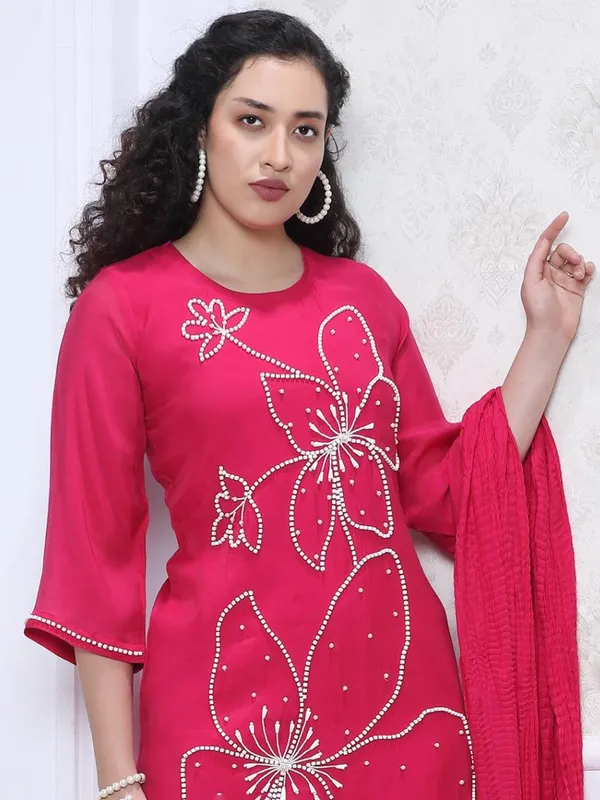 Rani pink silk cutdana embellished kurti set