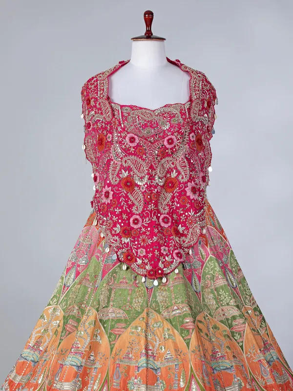 Rani pink silk designer lehenga choli with motifs