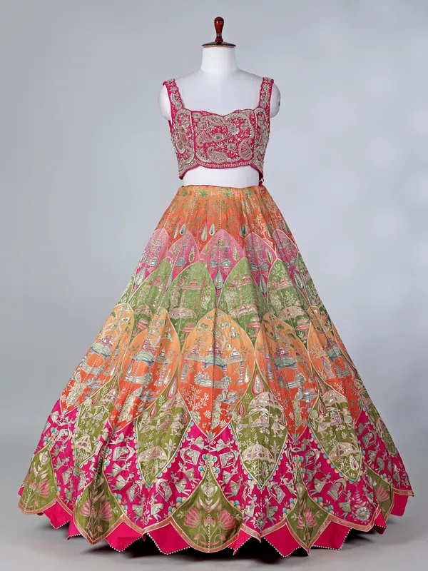 Rani pink silk designer lehenga choli with motifs