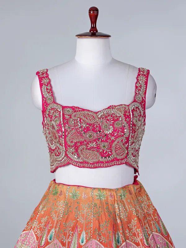 Rani pink silk designer lehenga choli with motifs