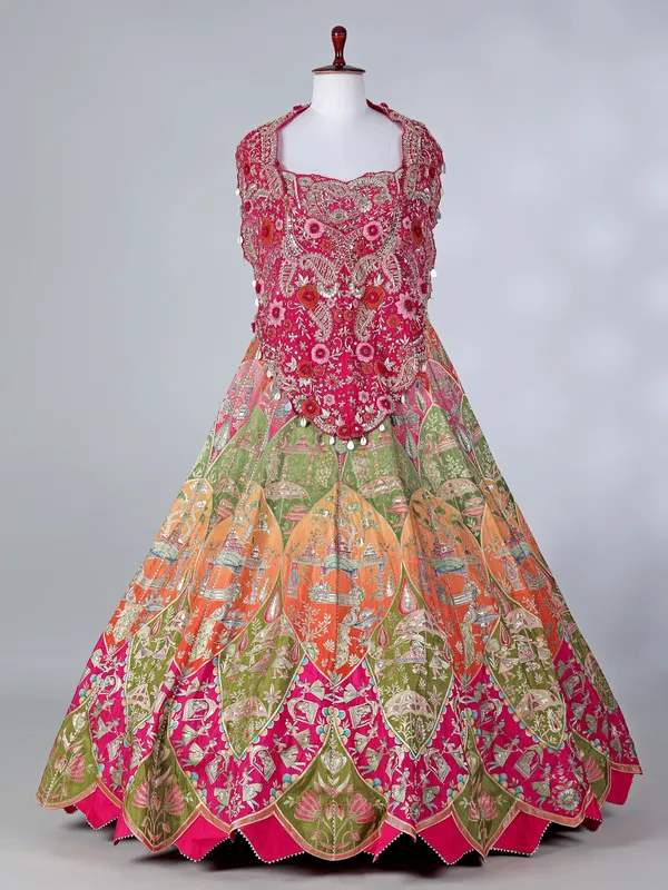 Rani pink silk designer lehenga choli with motifs