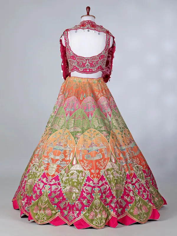 Rani pink silk designer lehenga choli with motifs