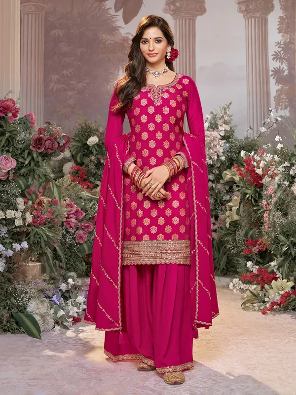 Rani pink silk embellished pakistani suit