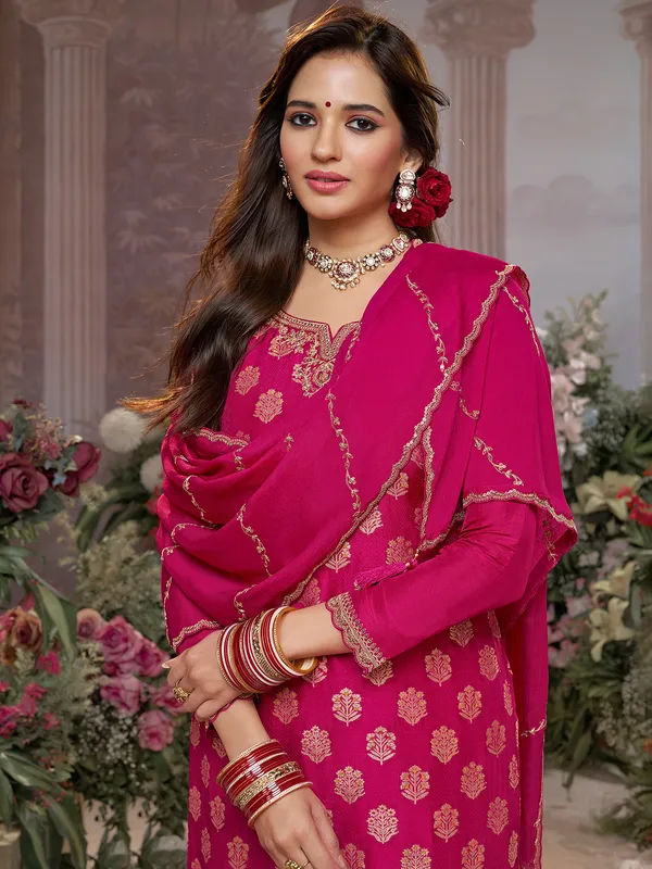 Rani pink silk embellished pakistani suit