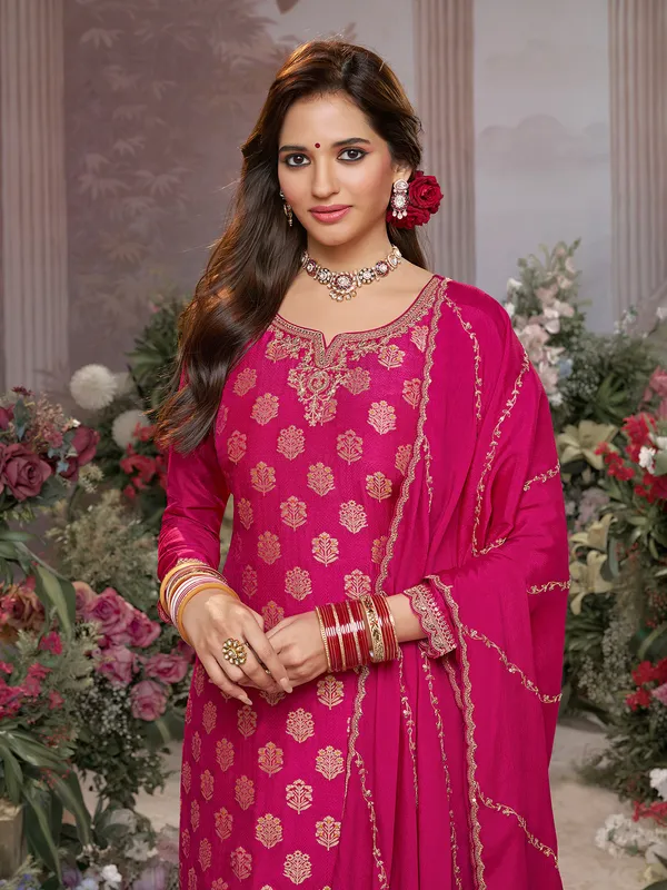 Rani pink silk embellished pakistani suit