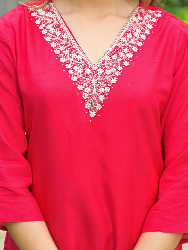 Rani pink silk kurti set with heavy embroidery