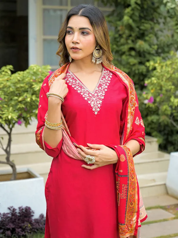 Rani pink silk kurti set with heavy embroidery