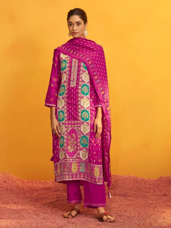 Rani pink silk kurti with intricate motif work