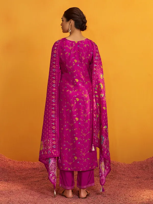 Rani pink silk kurti with intricate motif work
