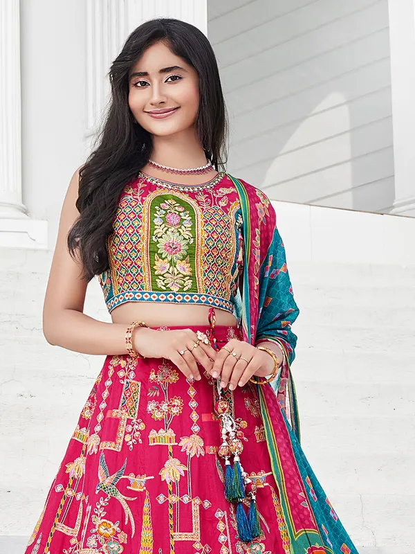 Rani pink silk lehenga choli with aabla work dupatta