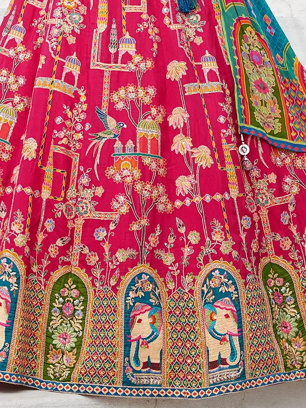 Rani pink silk lehenga choli with aabla work dupatta
