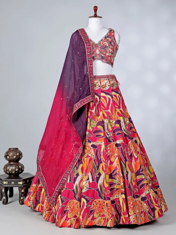 Rani pink silk lehenga choli with mirror work