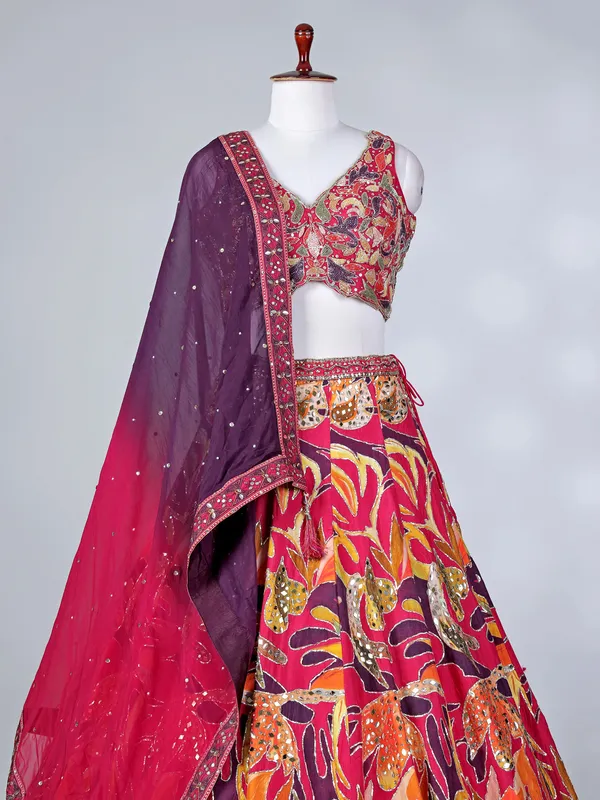 Rani pink silk lehenga choli with mirror work