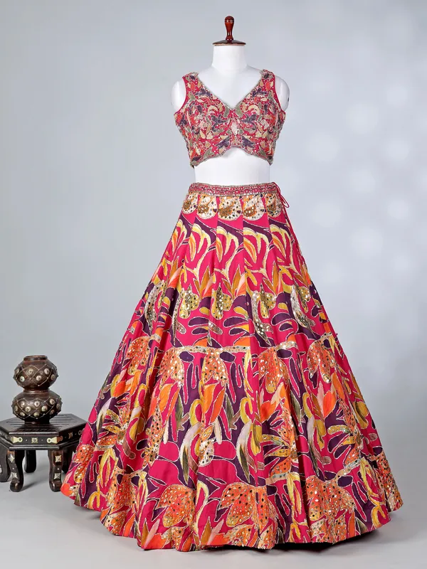 Rani pink silk lehenga choli with mirror work