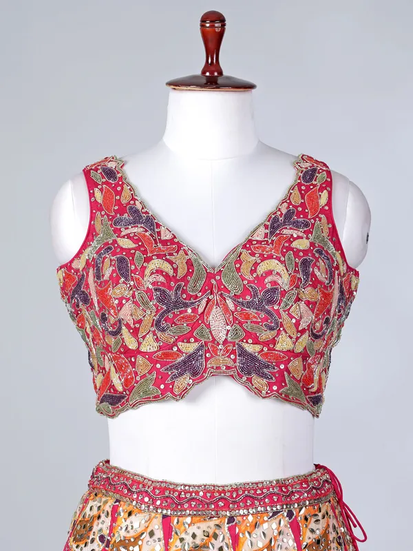 Rani pink silk lehenga choli with mirror work