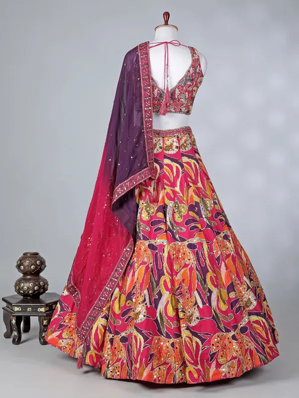 Rani pink silk lehenga choli with mirror work