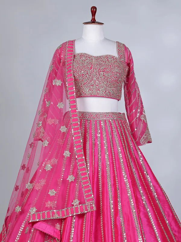 Rani pink silk mirror work lehenga choli
