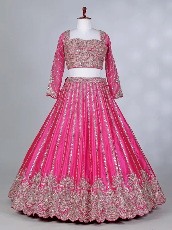 Rani pink silk mirror work lehenga choli