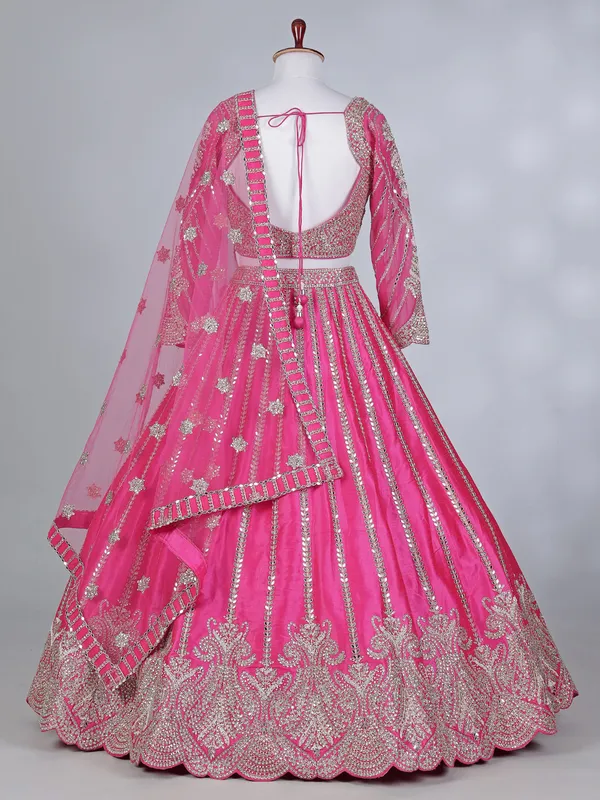 Rani pink silk mirror work lehenga choli
