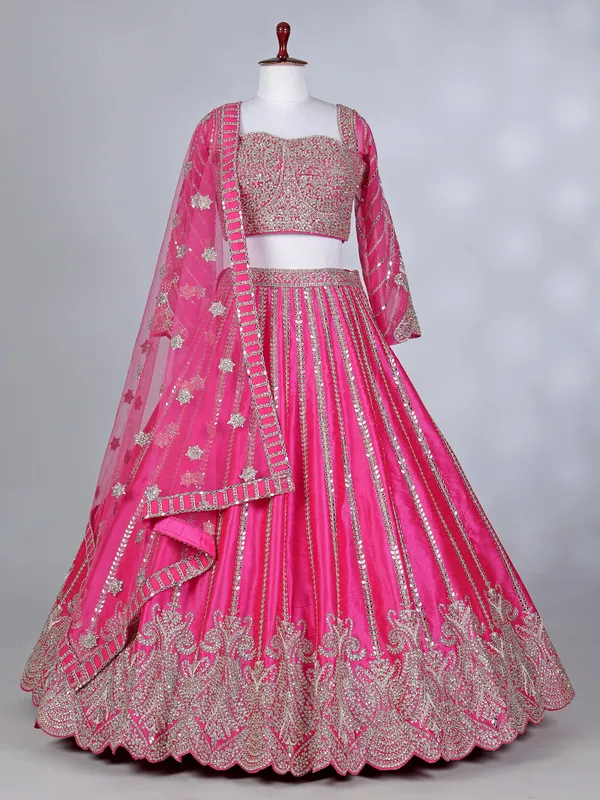 Rani pink silk mirror work lehenga choli