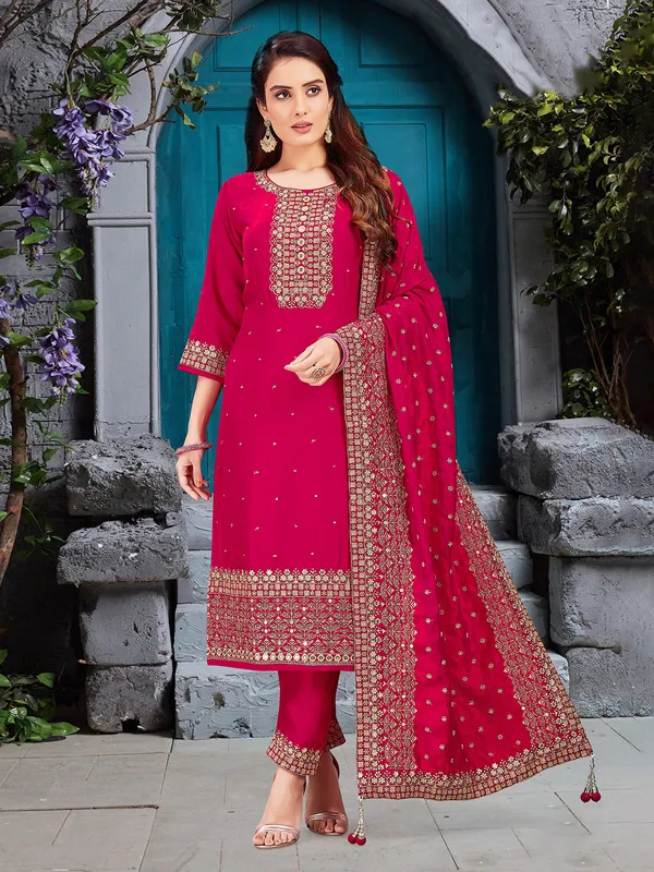 Rani pink silk palazzo suit with dupatta