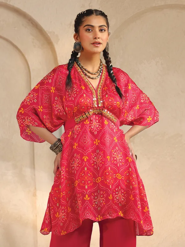 Rani pink silk printed co ord set with aabla