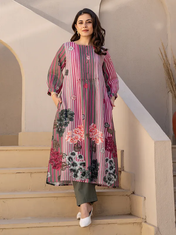Rani pink silk printed kurti set
