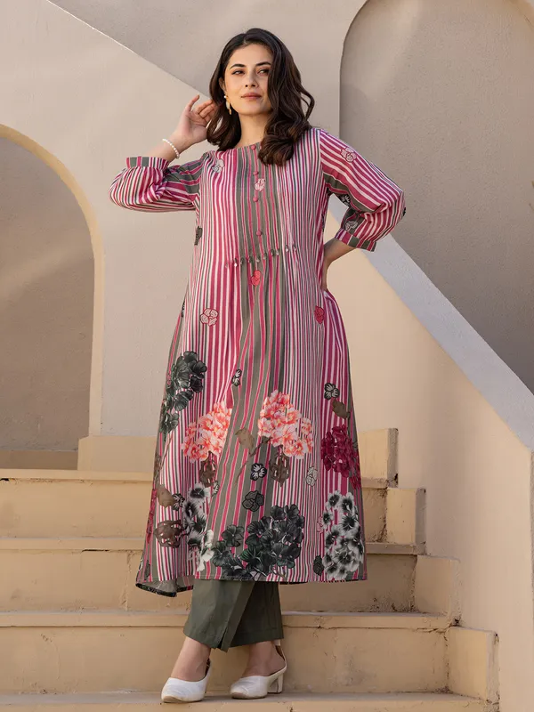 Rani pink silk printed kurti set