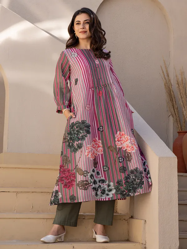 Rani pink silk printed kurti set