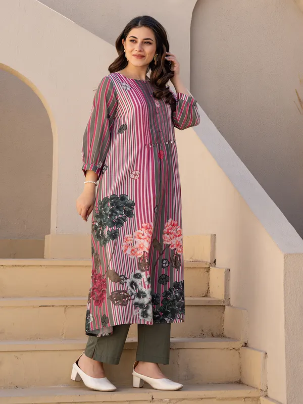 Rani pink silk printed kurti set