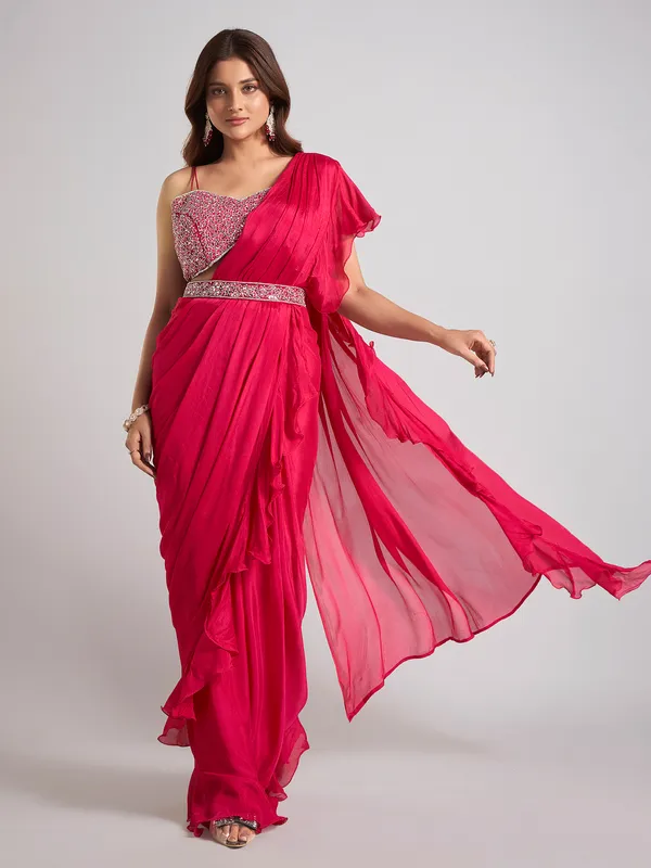 Rani pink silk saree with sparkling aabla accents
