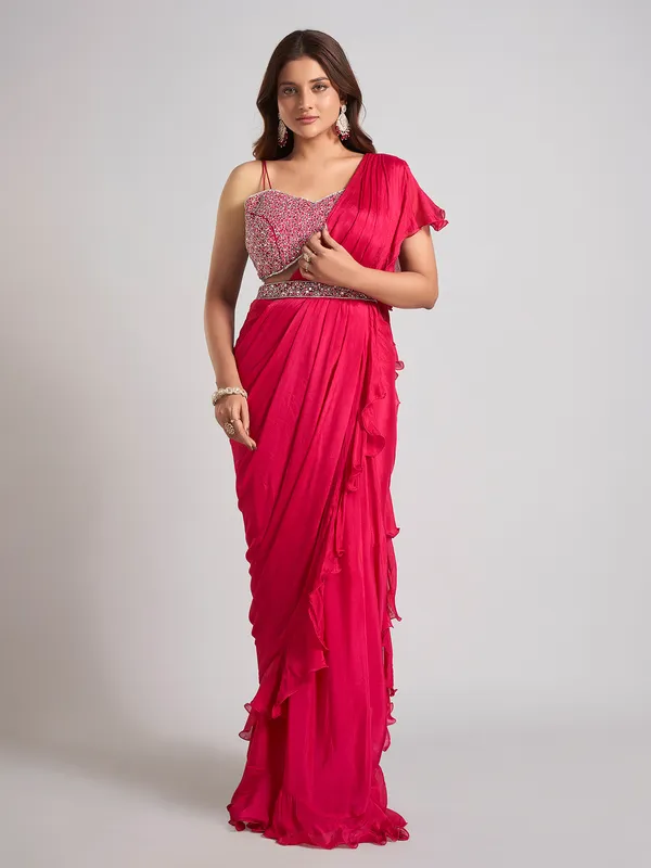 Rani pink silk saree with sparkling aabla accents